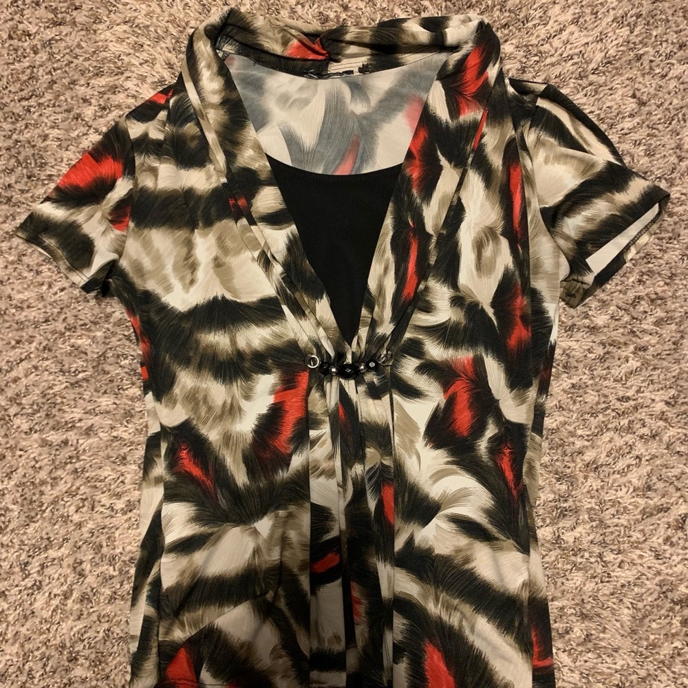 4/$25 2 in one blouse, very flattering, beaded detail on closure. Great for work